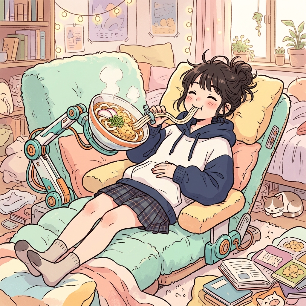 寝ながらうどんをすする様子