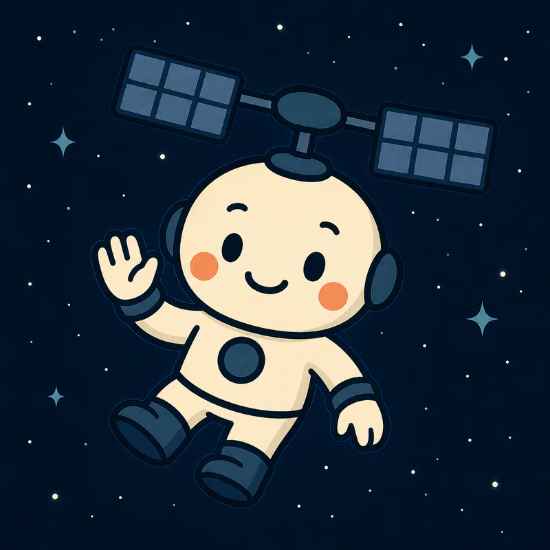 宇宙空間で手を振る、頭上にソーラーパネルを備えたひょどろん君