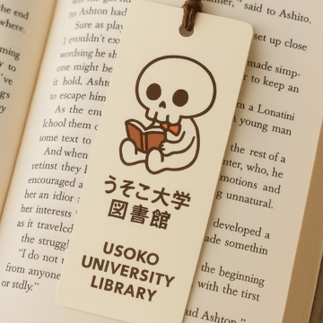 本を読む骸骨とうそこ大学図書館ロゴが描かれたしおり