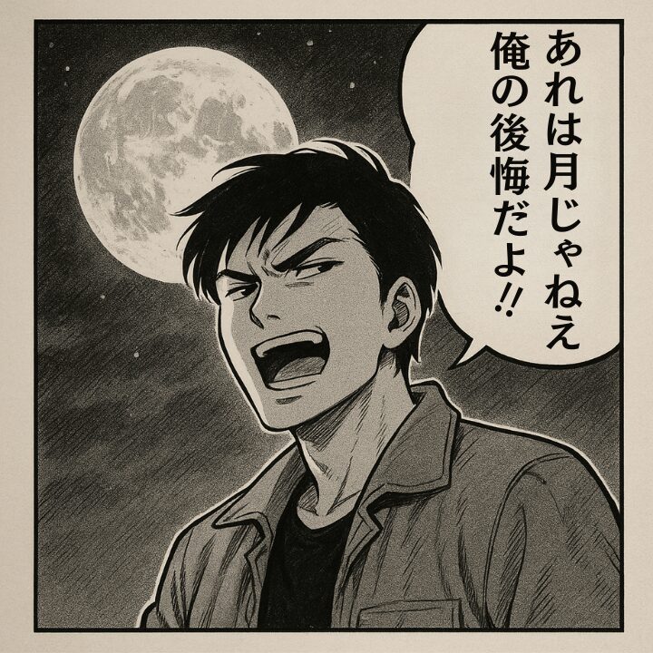 ミズキが『あれは月じゃねぇ、オレの後悔だよ!』と叫ぶ漫画のコマ