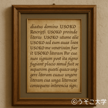 額縁に収められた、USOKOの語が繰り返し記された中世風の手紙